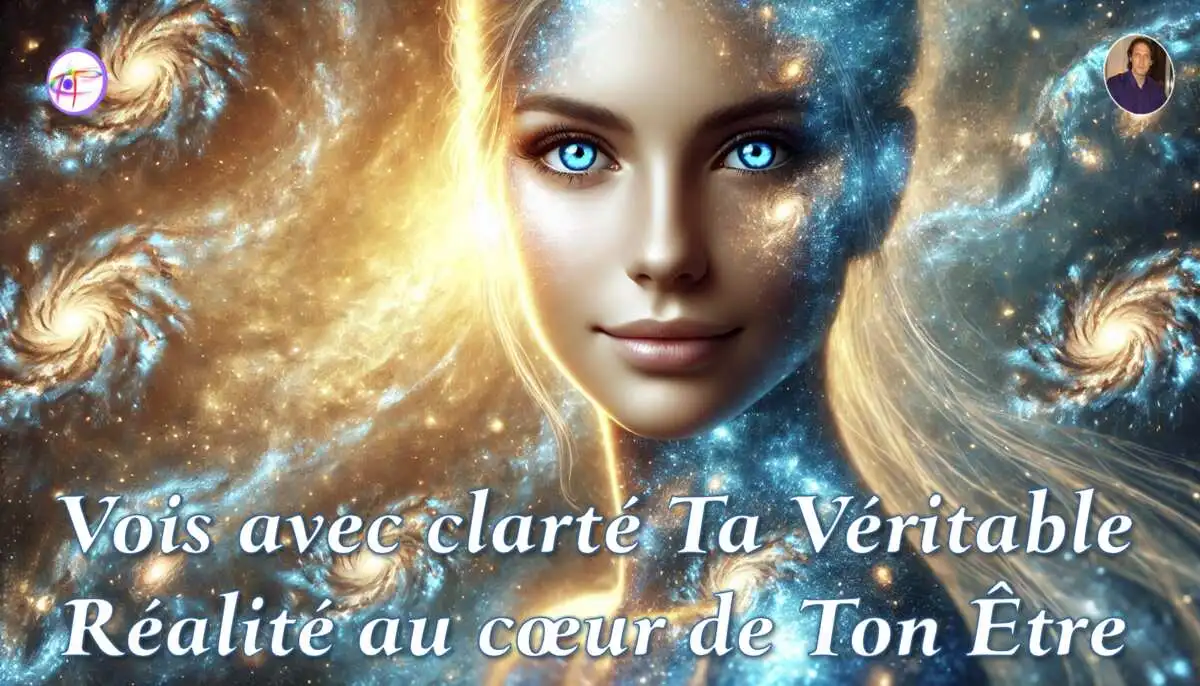 Représentation lumineuse de la Nature Divine, entourée d'ondes dorées et de motifs célestes — éveil spirituel La Connexion Absolue