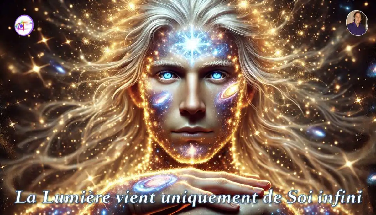 Représentation lumineuse de la Pure Conscience Divine, ondes dorées et motifs célestes — éveil spirituel La Connexion Absolue