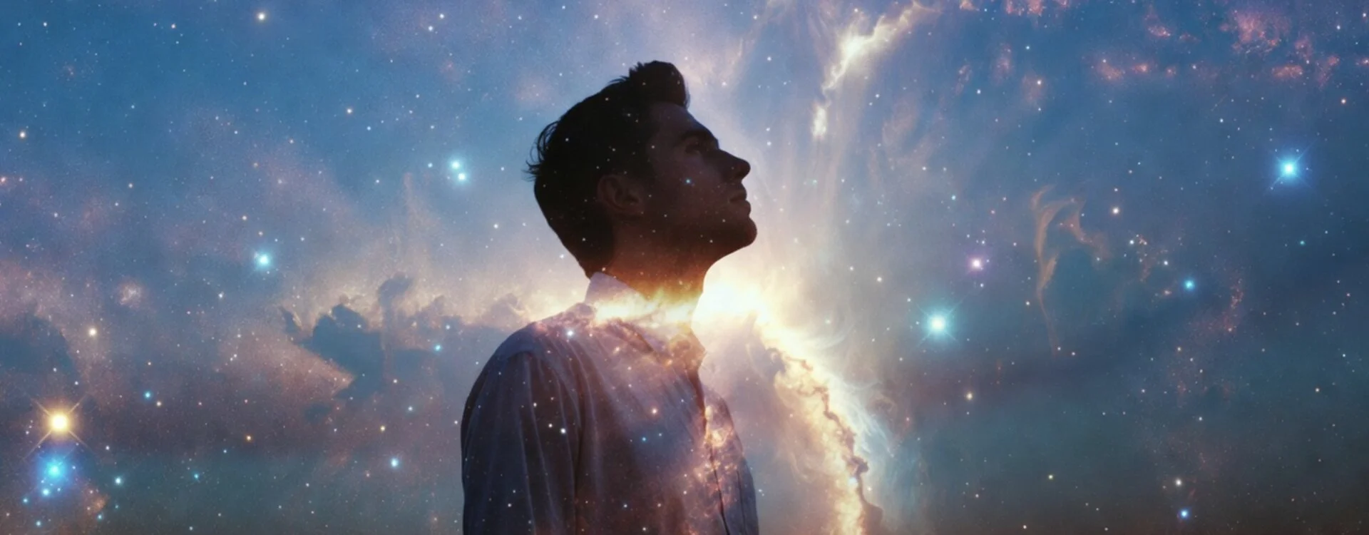 Homme contemplant l'unité du ciel et du soleil, illustration du « Quelque chose et moi » de Gérard Lenorman — ouverture spirituelle au signe, à l'espoir et à la voix intérieure
